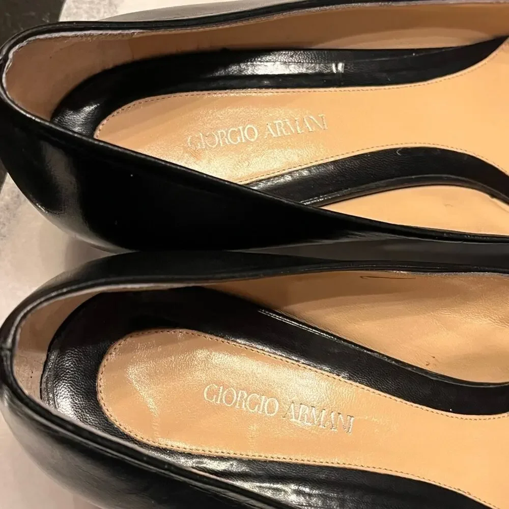 GIORGIO ARMANI black leather low heel squared off point toe heels size 9.5 39.5